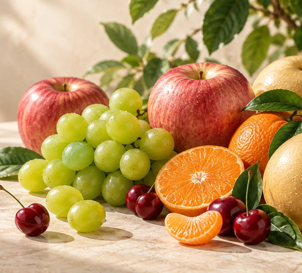 Editorial still-life illustration of apples, grapes, oranges and pears