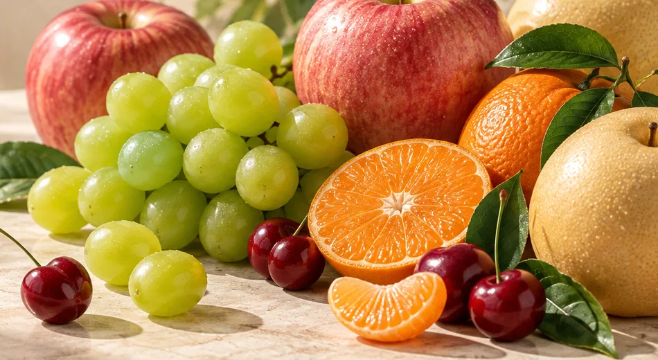 Conceptual editorial photograph of fresh fruit arranged for a workplace